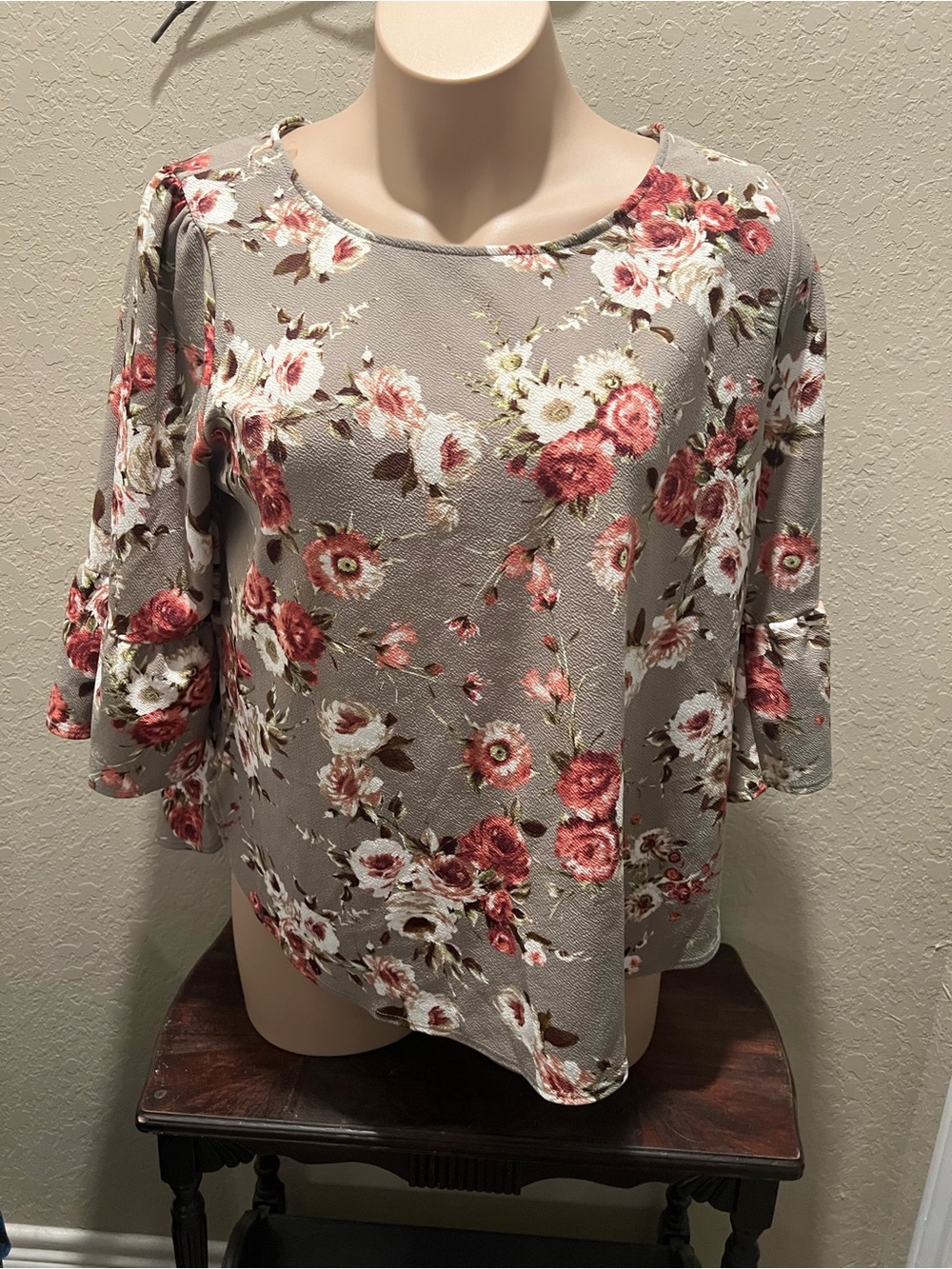 Green Envelope Taupe Floral Bell-Sleeve Blouse with Rose Accents